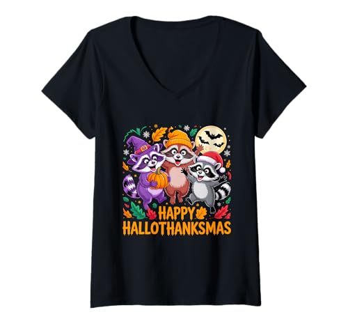 Damen Fröhlicher Hallothanksmas Waschbär Trio Kürbis T-Shirt mit V-Ausschnitt Damen Fröhlicher Hallothanksmas Waschbär Trio Kürbis T-Shirt mit V-Ausschnitt von Festive Critter Hallothanksmas