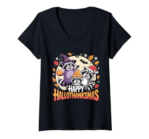 Damen Fröhlicher Hallothanksmas Waschbär Trio Kürbis T-Shirt mit V-Ausschnitt Damen Fröhlicher Hallothanksmas Waschbär Trio Kürbis T-Shirt mit V-Ausschnitt von Festive Critter Hallothanksmas