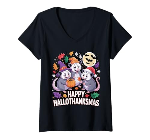 Damen Fröhliches HalloThanksmas Opossum Kürbis Spaß T-Shirt mit V-Ausschnitt Damen Fröhliches HalloThanksmas Opossum Kürbis Spaß T-Shirt mit V-Ausschnitt von Festive Critter Hallothanksmas