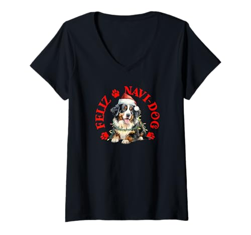 Damen Feliz Navi-Hund mit festlichem Berner T-Shirt mit V-Ausschnitt von Festive Dogs Merch