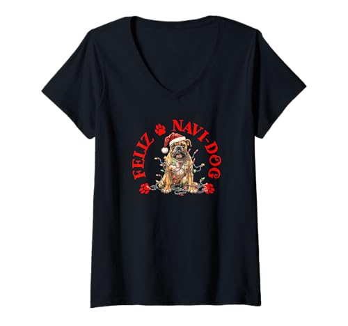 Damen Feliz Navi-Hund mit festlichem Boxer T-Shirt mit V-Ausschnitt von Festive Dogs Merch