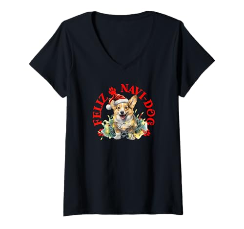 Damen Feliz Navi-Hund mit festlichem Corgi T-Shirt mit V-Ausschnitt von Festive Dogs Merch