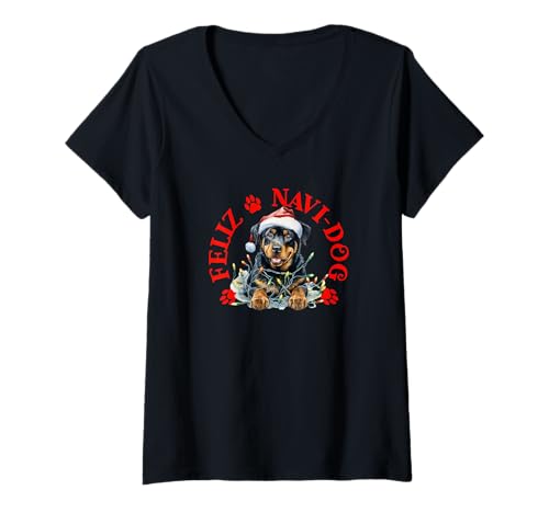 Damen Feliz Navi-Hund mit festlichem Rottweiler T-Shirt mit V-Ausschnitt von Festive Dogs Merch