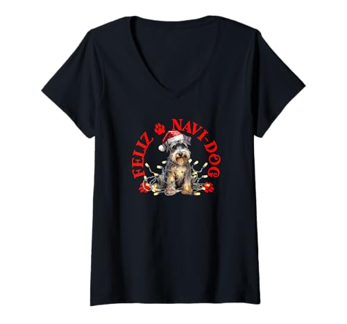 Damen Feliz Navi-Hund mit festlichem Schnauzer T-Shirt mit V-Ausschnitt von Festive Dogs Merch