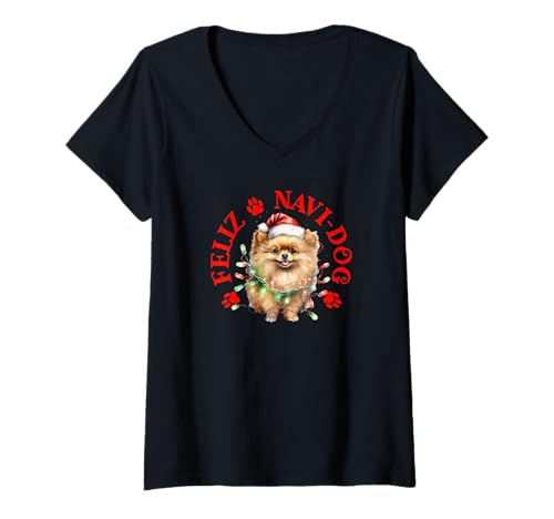 Damen Feliz Navi-Hund mit festlichem Zwerg T-Shirt mit V-Ausschnitt von Festive Dogs Merch