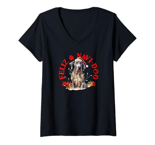 Damen Feliz Navi-Hund mit festlicher Dogge T-Shirt mit V-Ausschnitt von Festive Dogs Merch