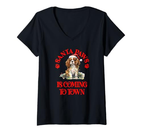 Damen Santa Paws kommt mit Christmas Charles Spaniel in die Stadt T-Shirt mit V-Ausschnitt von Festive Dogs Merch