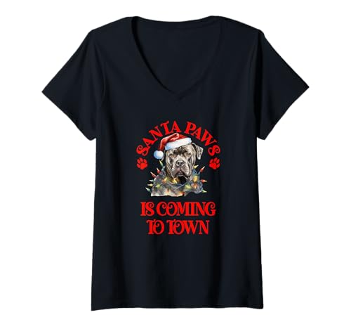 Damen Santa Paws kommt mit Christmas Staffie in die Stadt T-Shirt mit V-Ausschnitt von Festive Dogs Merch
