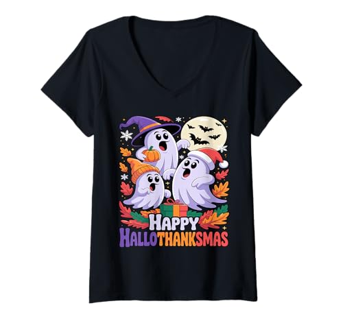 Damen Fröhliche Hallothanksmas Geister und Kürbisse T-Shirt mit V-Ausschnitt Damen Fröhliche Hallothanksmas Geister und Kürbisse T-Shirt mit V-Ausschnitt von Festive Family Funny Matching Apparel