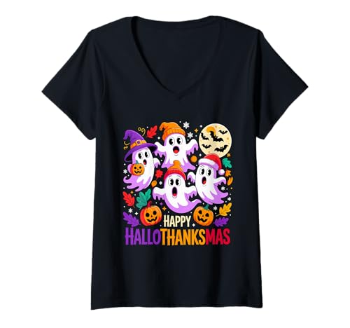 Damen Fröhliche Hallothanksmas Geister und Kürbisse T-Shirt mit V-Ausschnitt Damen Fröhliche Hallothanksmas Geister und Kürbisse T-Shirt mit V-Ausschnitt von Festive Family Funny Matching Apparel