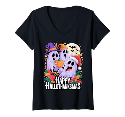 Damen Fröhliche Hallothanksmas Geister und Kürbisse T-Shirt mit V-Ausschnitt Damen Fröhliche Hallothanksmas Geister und Kürbisse T-Shirt mit V-Ausschnitt von Festive Family Funny Matching Apparel