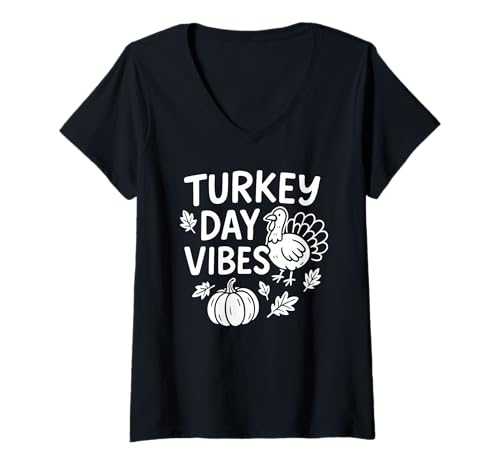 Damen Truthahn Day Vibes Shirt Lustig Thanksgiving Truthahn Kürbis T-Shirt mit V-Ausschnitt Damen Truthahn Day Vibes Shirt Lustig Thanksgiving Truthahn Kürbis T-Shirt mit V-Ausschnitt von Festive Family Matching Thanksgiving Holiday Shirt