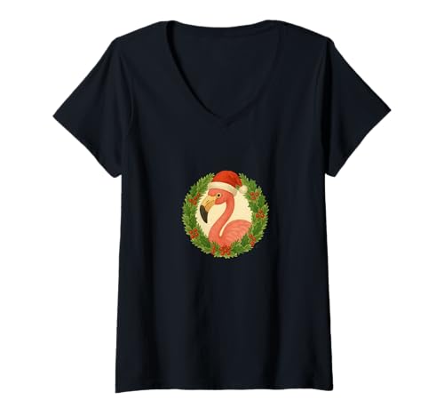 Damen Pink Flamingo Weihnachten Lustiges tropisches Feiertags-Cheer-Design T-Shirt mit V-Ausschnitt Damen Pink Flamingo Weihnachten Lustiges tropisches Feiertags-Cheer-Design T-Shirt mit V-Ausschnitt von Festive Feathered Holiday Style Emporium
