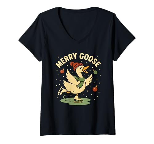 Damen Merry Goose Lustiges Eislauf-Design für Weihnachten T-Shirt mit V-Ausschnitt Damen Merry Goose Lustiges Eislauf-Design für Weihnachten T-Shirt mit V-Ausschnitt von Festive Feathers Apparel