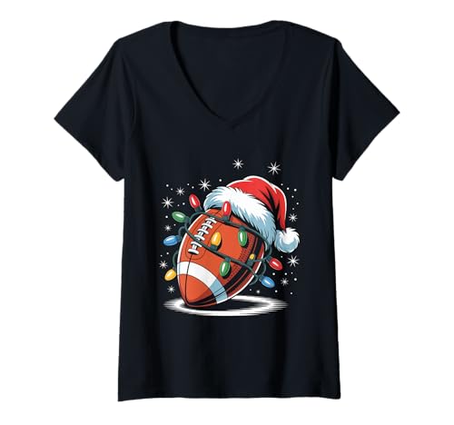 Damen Weihnachtsmannmütze mit Fußball-Motiv, Lichter für Fans und Spieler T-Shirt mit V-Ausschnitt von Festive Football Christmas Lights