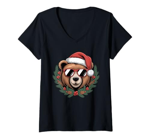 Damen Weihnachtsbär mit Nikolausmütze und Kranz Sonnenbrille T-Shirt mit V-Ausschnitt Damen Weihnachtsbär mit Nikolausmütze und Kranz Sonnenbrille T-Shirt mit V-Ausschnitt von Festive Forest Wear
