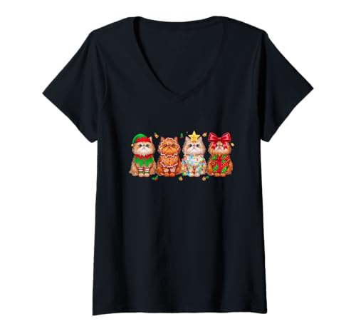 Damen Weihnachtskatze, Weihnachtsbeleuchtung, Lebkuchen-Kostüm T-Shirt mit V-Ausschnitt Damen Weihnachtskatze, Weihnachtsbeleuchtung, Lebkuchen-Kostüm T-Shirt mit V-Ausschnitt von Festive Furry Friendz