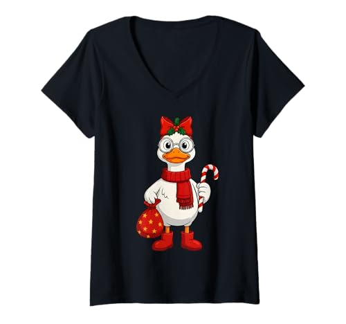 Damen Weihnachtsgans-Outfit mit Zuckerstange für Kinder T-Shirt mit V-Ausschnitt Damen Weihnachtsgans-Outfit mit Zuckerstange für Kinder T-Shirt mit V-Ausschnitt von Festive Goose Christmas Matching Outfits For Kids