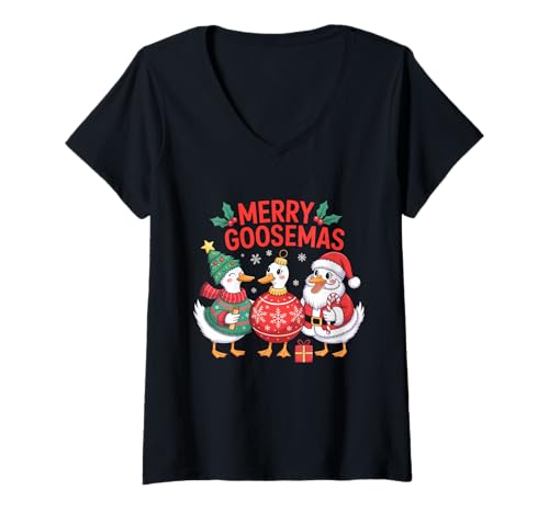 Damen Merry Goosemas Holiday Fun Christmas T-Shirt mit V-Ausschnitt Damen Merry Goosemas Holiday Fun Christmas T-Shirt mit V-Ausschnitt von Festive Goose Holiday Cheer Fun Times