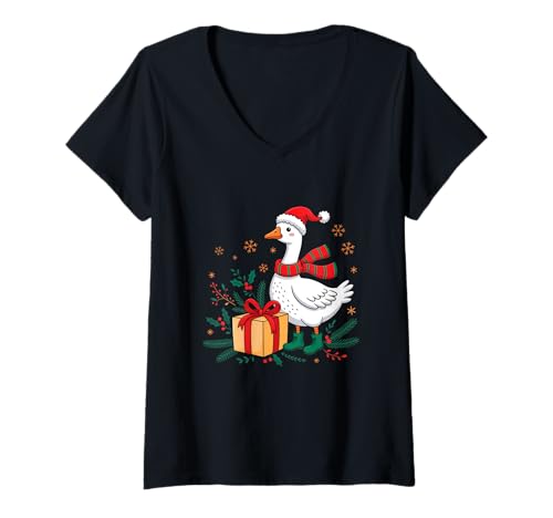Damen Festive Goose Santa Hat Christmas Spirit T-Shirt mit V-Ausschnitt von Festive Goose Holiday Cheerful Snowflakes