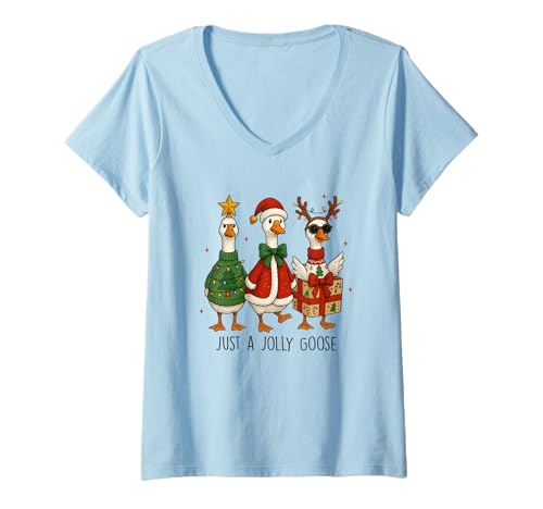 Damen Just A Jolly Goose Weihnachtsspaß T-Shirt mit V-Ausschnitt Damen Just A Jolly Goose Weihnachtsspaß T-Shirt mit V-Ausschnitt von Festive Goose Holiday Christmas Cheer