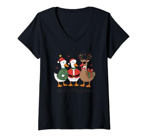 Damen Just A Jolly Goose Festliches Weihnachtsdesign T-Shirt mit V-Ausschnitt Damen Just A Jolly Goose Festliches Weihnachtsdesign T-Shirt mit V-Ausschnitt von Festive Goose Holiday Humor Christmas Cheer