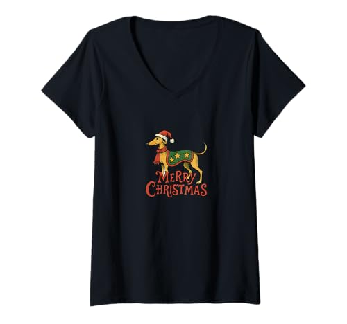 Damen Frohe Weihnachten Windhund Festlich Urlaub Winter Hund T-Shirt mit V-Ausschnitt Damen Frohe Weihnachten Windhund Festlich Urlaub Winter Hund T-Shirt mit V-Ausschnitt von Festive Greyhound Emporiums