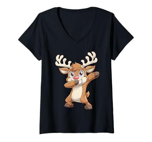 Damen Dabbing Rudolph Rentier mit roter Nase für Kinder, Weihnachtsdesign T-Shirt mit V-Ausschnitt Damen Dabbing Rudolph Rentier mit roter Nase für Kinder, Weihnachtsdesign T-Shirt mit V-Ausschnitt von Festive Holiday Apparel for Kids and Adults