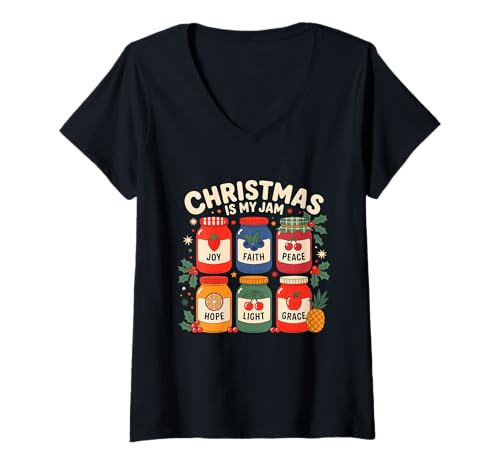 Damen Christmas is My Jam Holiday Spirit Joy Love T-Shirt mit V-Ausschnitt Damen Christmas is My Jam Holiday Spirit Joy Love T-Shirt mit V-Ausschnitt von Festive Holiday Cheer Christmas Jam Vibes