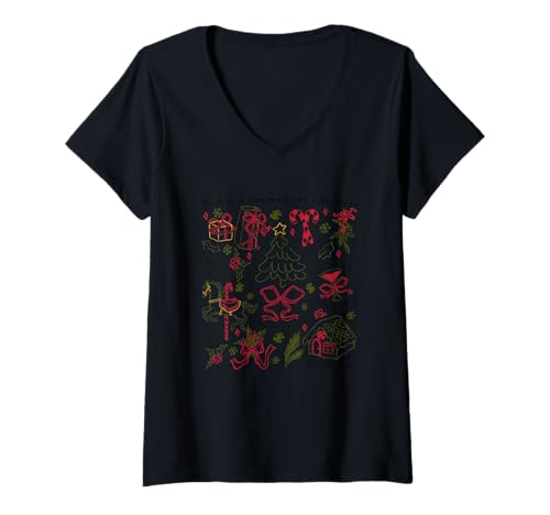 Damen Frohe Weihnachten Icons Holiday Spirit T-Shirt mit V-Ausschnitt Damen Frohe Weihnachten Icons Holiday Spirit T-Shirt mit V-Ausschnitt von Festive Holiday Cheer Christmas Joy