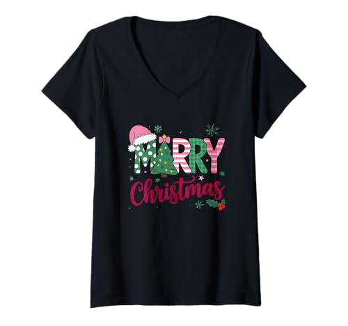 Damen Festlicher Baumhut mit Weihnachtsmotiv T-Shirt mit V-Ausschnitt Damen Festlicher Baumhut mit Weihnachtsmotiv T-Shirt mit V-Ausschnitt von Festive Holiday Cheer Christmas Spirit