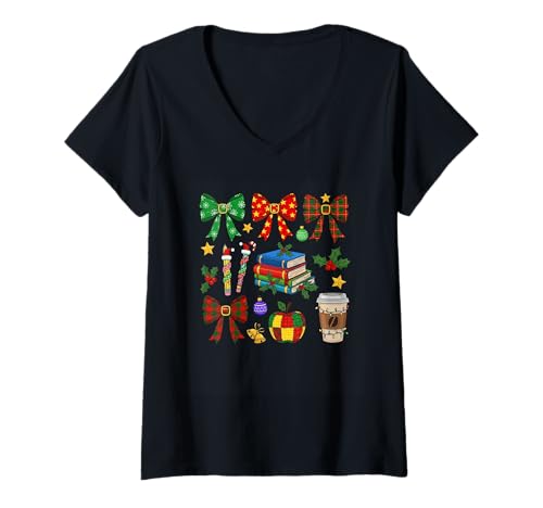 Damen Bücher Kaffee Schleifen Süßigkeiten Weihnachtsschmuck T-Shirt mit V-Ausschnitt Damen Bücher Kaffee Schleifen Süßigkeiten Weihnachtsschmuck T-Shirt mit V-Ausschnitt von Festive Holiday Cheer Decorations For Christmas