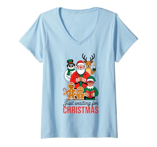 Damen Just Waiting for Christmas Joyful Holiday Scene T-Shirt mit V-Ausschnitt Damen Just Waiting for Christmas Joyful Holiday Scene T-Shirt mit V-Ausschnitt von Festive Holiday Cheer Family Santa Snowman