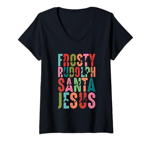 Damen Frosty Rudolph Santa Jesus Believe T-Shirt mit V-Ausschnitt Damen Frosty Rudolph Santa Jesus Believe T-Shirt mit V-Ausschnitt von Festive Holiday Cheer Frosty Rudolph