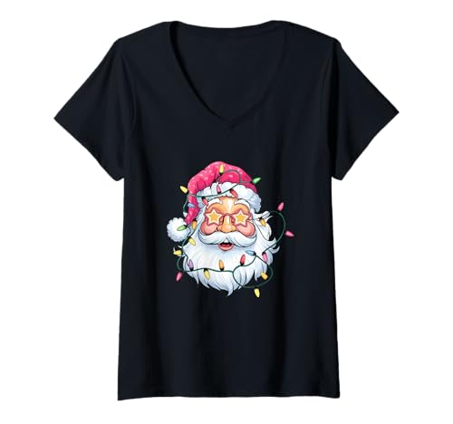 Damen Weihnachtsmann mit Sternenbrille und Weihnachtsbeleuchtung T-Shirt mit V-Ausschnitt Damen Weihnachtsmann mit Sternenbrille und Weihnachtsbeleuchtung T-Shirt mit V-Ausschnitt von Festive Holiday Cheer Santa Lights Christmas