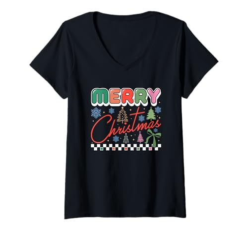 Damen Frohe Weihnachten Bäume Schneeflocken Fröhliche Stimmung T-Shirt mit V-Ausschnitt Damen Frohe Weihnachten Bäume Schneeflocken Fröhliche Stimmung T-Shirt mit V-Ausschnitt von Festive Holiday Cheerful Christmas Spirit