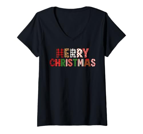 Damen Frohe Weihnachten Festliche Weihnachtsfeiertage T-Shirt mit V-Ausschnitt Damen Frohe Weihnachten Festliche Weihnachtsfeiertage T-Shirt mit V-Ausschnitt von Festive Holiday Christmas Calligraphy Design