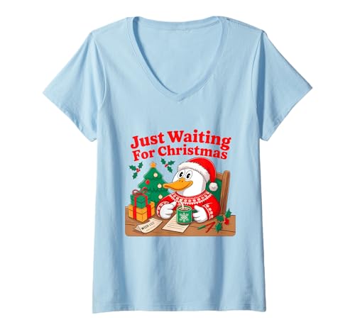 Damen Just Waiting for Christmas Holiday Duck Fun T-Shirt mit V-Ausschnitt Damen Just Waiting for Christmas Holiday Duck Fun T-Shirt mit V-Ausschnitt von Festive Holiday Christmas Cheerful Duck