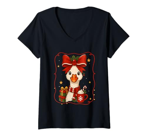 Damen Gans mit Schleife Hot Cocoa Candy Cane Joy T-Shirt mit V-Ausschnitt Damen Gans mit Schleife Hot Cocoa Candy Cane Joy T-Shirt mit V-Ausschnitt von Festive Holiday Goose Christmas Cheer