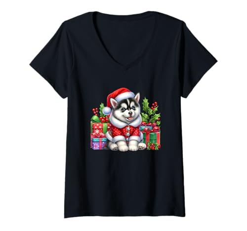 Damen Merry Husky Santa Süßer Weihnachtswelpe Joy T-Shirt mit V-Ausschnitt von Festive Holiday Husky Christmas Cheer