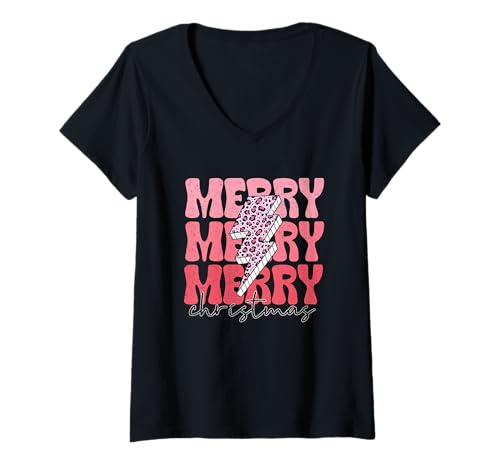 Damen Frohe Frohe Weihnachten Pink Leopard Bolt T-Shirt mit V-Ausschnitt Damen Frohe Frohe Weihnachten Pink Leopard Bolt T-Shirt mit V-Ausschnitt von Festive Holiday Joyful Cheerful Vibes Merry