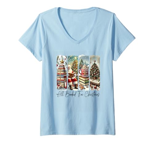 Damen All Booked for Christmas Weihnachtsmann-Becherbaum T-Shirt mit V-Ausschnitt Damen All Booked for Christmas Weihnachtsmann-Becherbaum T-Shirt mit V-Ausschnitt von Festive Holiday Literary Celebration