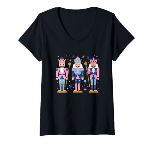 Damen Nussknacker Kings Festliche Urlaubskunst T-Shirt mit V-Ausschnitt Damen Nussknacker Kings Festliche Urlaubskunst T-Shirt mit V-Ausschnitt von Festive Holiday Nutcracker Kings Graphic