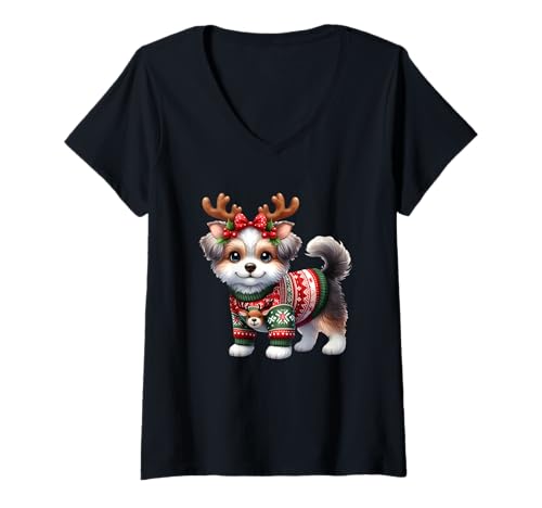 Damen Entzückender Welpe mit Rentiergeweih T-Shirt mit V-Ausschnitt von Festive Holiday Pet Puppy Reindeer Antlers Winter