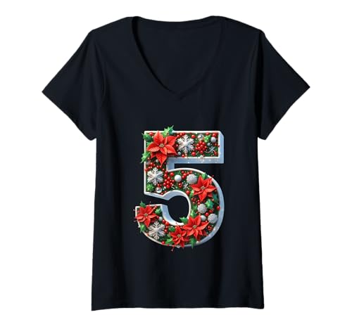 Damen Weihnachtsstern-Schneeflocken mit Zahl 5 T-Shirt mit V-Ausschnitt Damen Weihnachtsstern-Schneeflocken mit Zahl 5 T-Shirt mit V-Ausschnitt von Festive Holiday Poinsettia Snowflakes