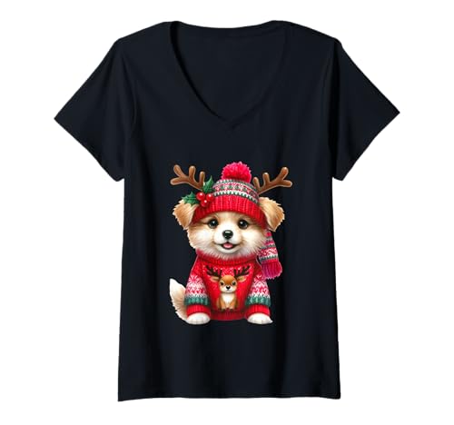 Damen Kuscheliger Weihnachtswelpe mit Rentiergeweih T-Shirt mit V-Ausschnitt von Festive Holiday Pup Celebration Joyful Antlers