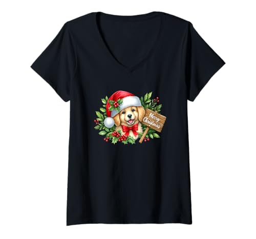 Damen Frohe Weihnachten Welpe Weihnachtsmannmütze Stechpalme Schild T-Shirt mit V-Ausschnitt Damen Frohe Weihnachten Welpe Weihnachtsmannmütze Stechpalme Schild T-Shirt mit V-Ausschnitt von Festive Holiday Puppy Christmas Cheer Design