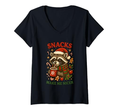 Damen Snacks Make Me Nicer Waschbär Weihnachten T-Shirt mit V-Ausschnitt Damen Snacks Make Me Nicer Waschbär Weihnachten T-Shirt mit V-Ausschnitt von Festive Holiday Raccoon Cheerful Vibes