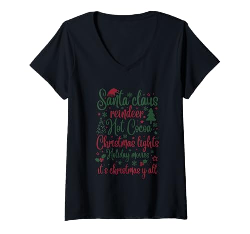 Damen Weihnachtsmann Rentier Hot Cocoa Weihnachtsbeleuchtung T-Shirt mit V-Ausschnitt Damen Weihnachtsmann Rentier Hot Cocoa Weihnachtsbeleuchtung T-Shirt mit V-Ausschnitt von Festive Holiday Season Vibes Christmas Magic