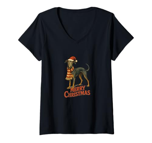 Damen Frohe Weihnachten Windhund Festlich Urlaub Winter Hund T-Shirt mit V-Ausschnitt von Festive Hound Emporium